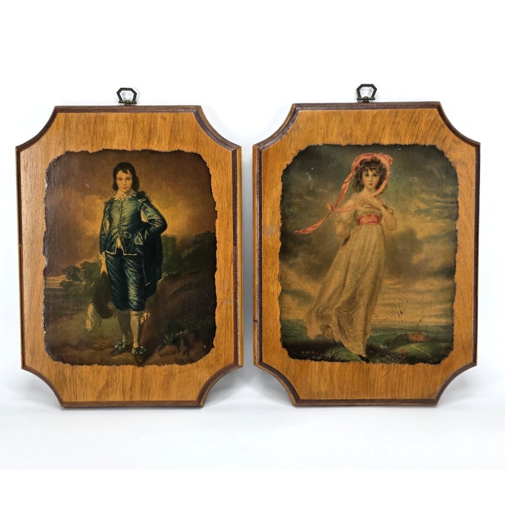 Vintage Blue Boy & Pinkie Burnt Edge Print Wood Wall Plaques Pair 14" x 10.5"